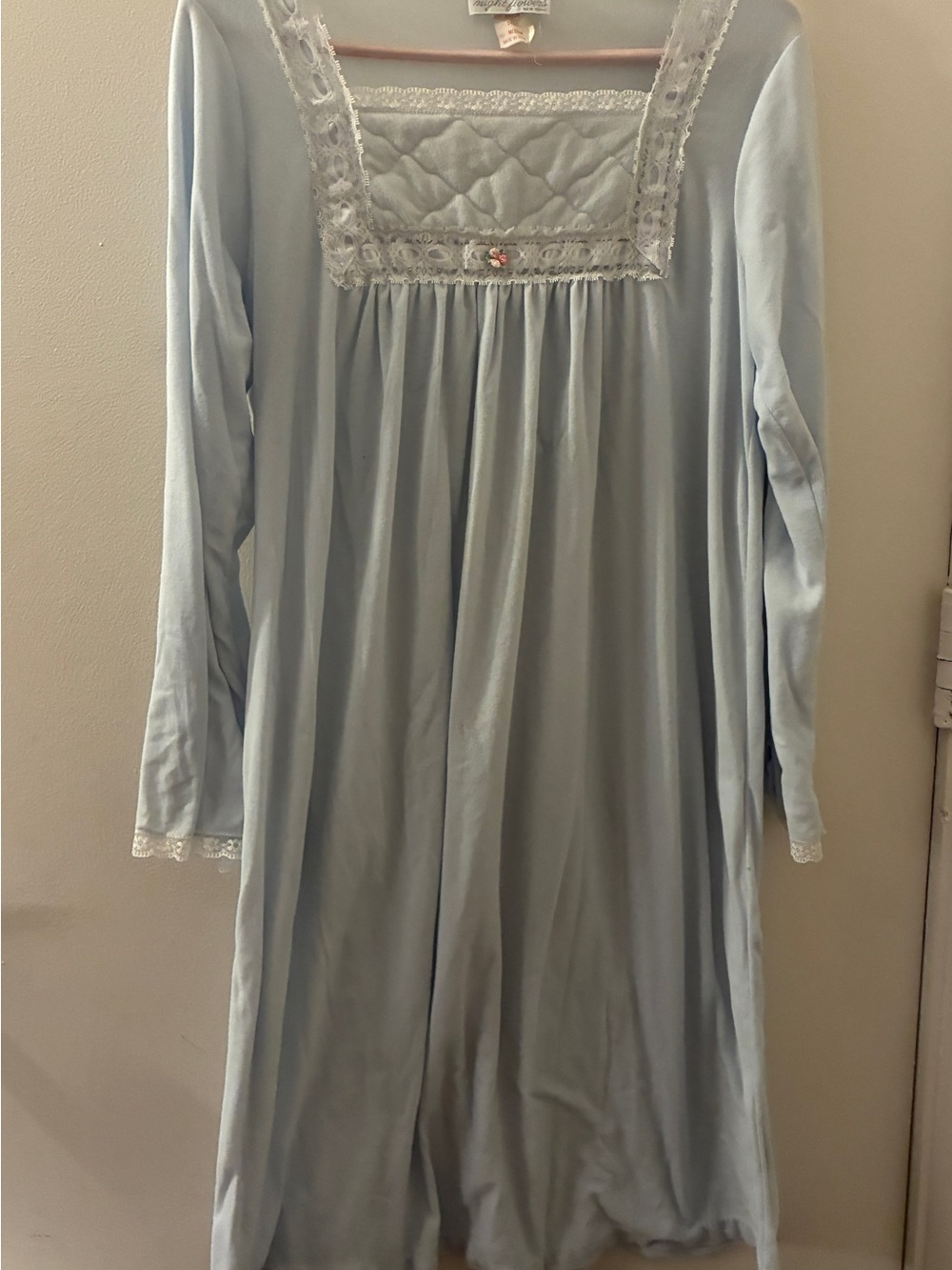 Vintage Night Flowers Light Blue Long Sleeve Lace Trim Nightgown Size Medium